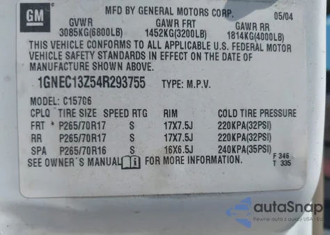 2004 Chevrolet Tahoe Lt from USA, damaged, VIN 1GNEC13Z54R293755